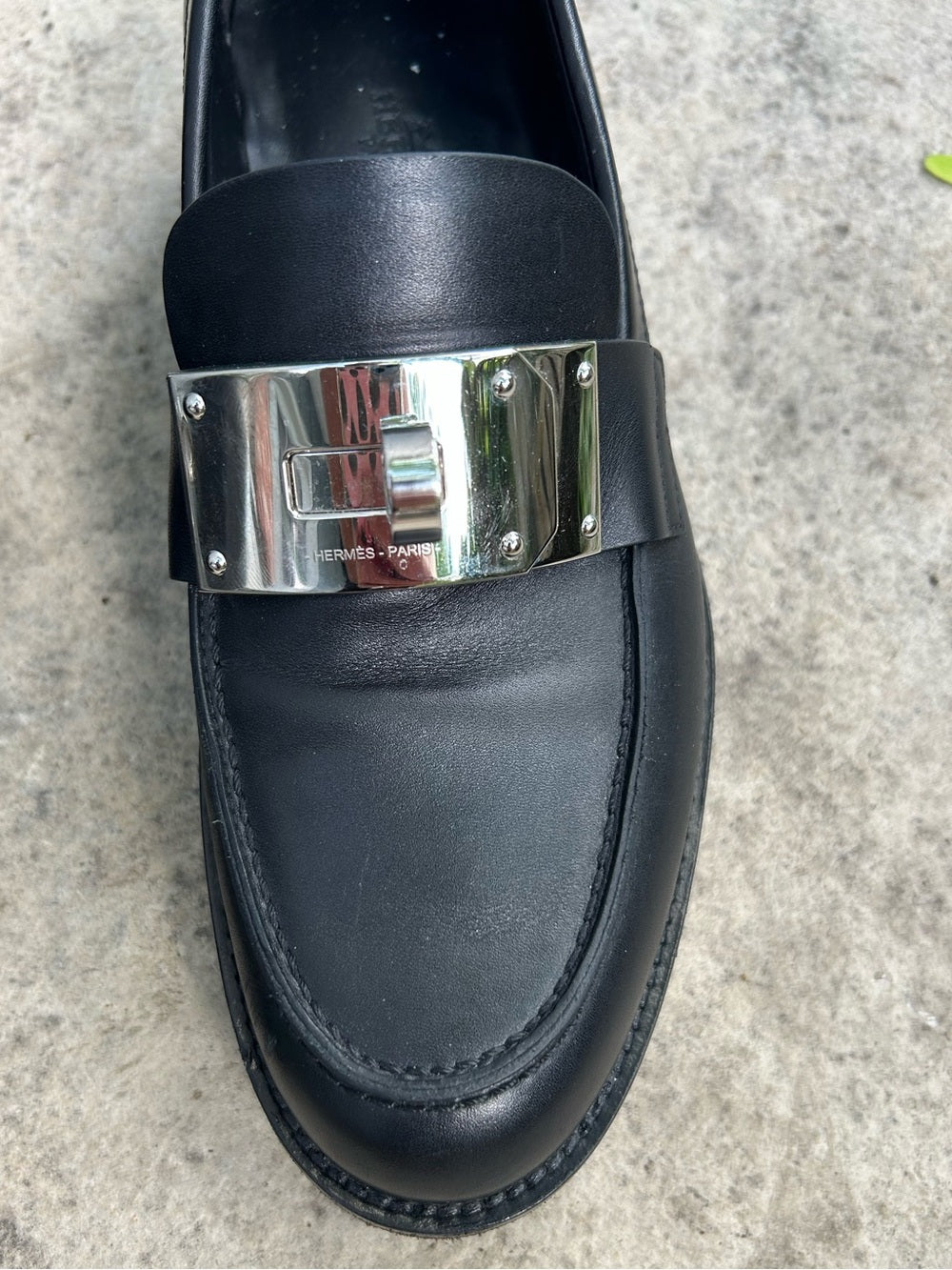 Hermes Black Hot Loafer with Palladium Kelly Buckle, size 6
