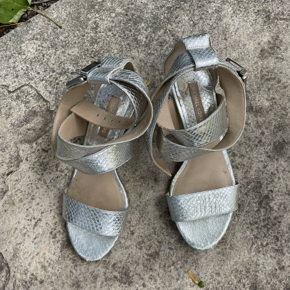 Michael Kors Silver Snakeskin Gem Block Heel Sandals, size 37