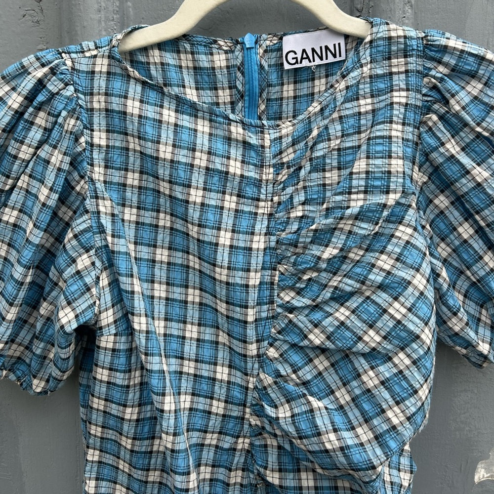 GANNI Gathered checked seersucker mini dress, size 34 (XS)
