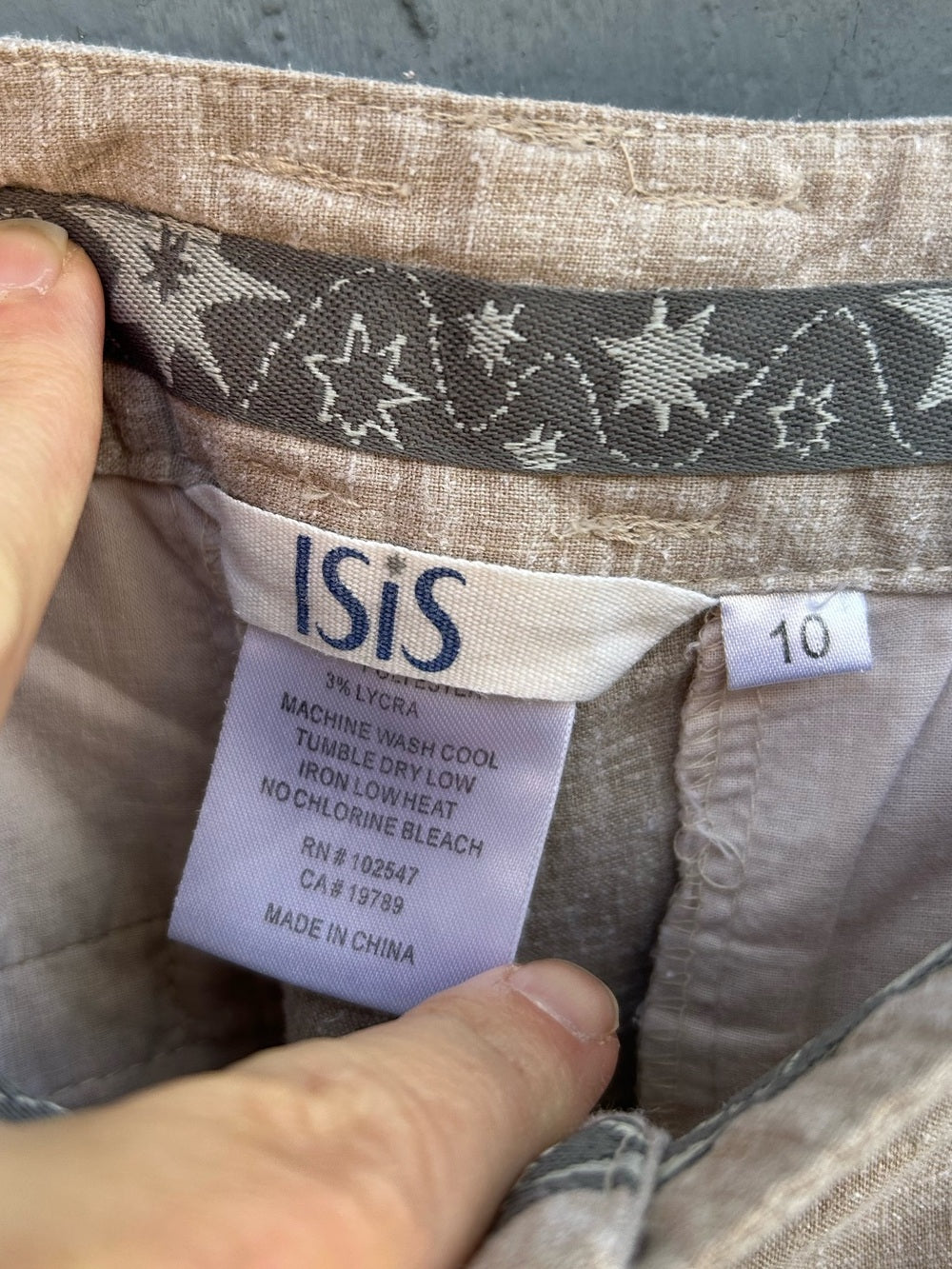 Isis Clothing Taupe Hemp Utility Pants, size 10