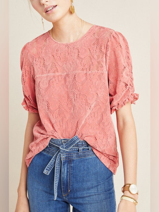 Anthropologie Parvati Velvet Lace Ruched Blouse Short Sleeve Top, Extra Small