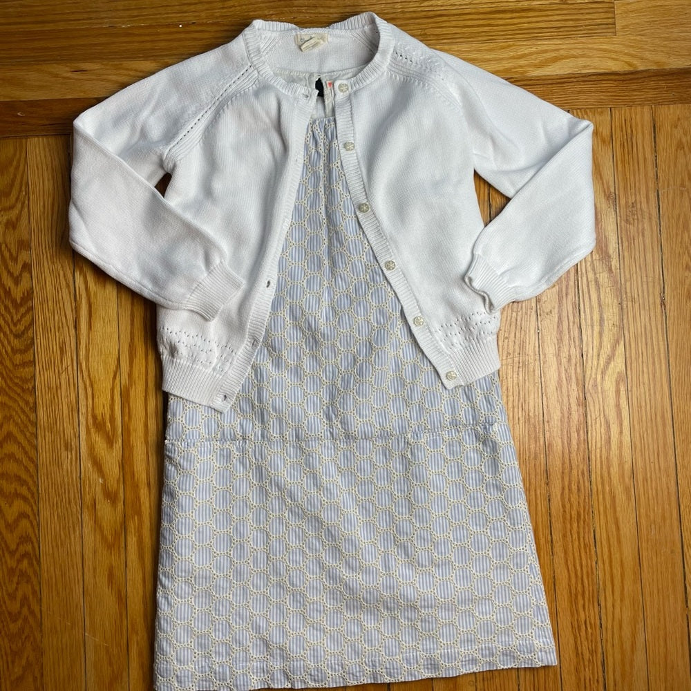 Crewcuts Blue/White Dress & Olive Juice Cardigan, size 12