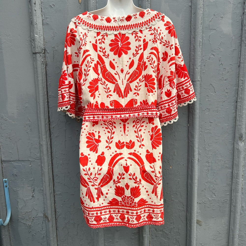 Farm Rio Jungle Flow Belted Mini Dress Red/ Cream Linen, Small