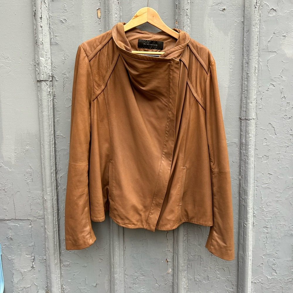 Elie Tahari Brown Andreas Lamb Leather Moto Jacket, size XL