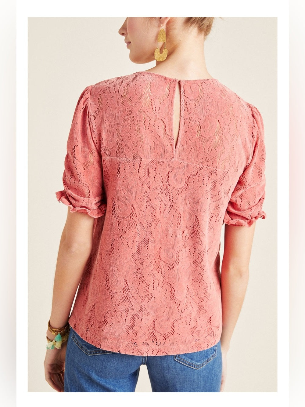 Anthropologie Parvati Velvet Lace Ruched Blouse Short Sleeve Top, Extra Small