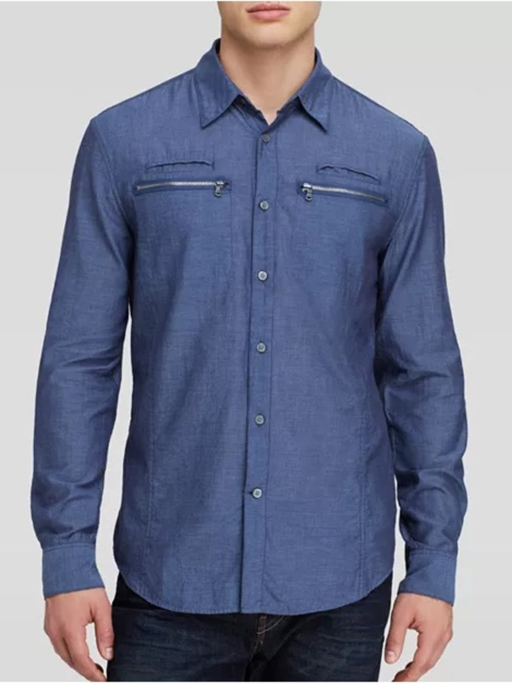John Varvatos Blue Double Zip Chest Pocket Button-Down Shirt, size XXL