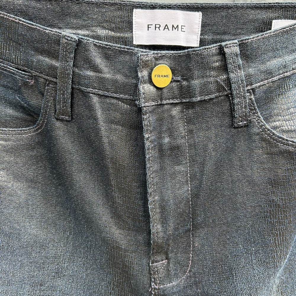 Frame Le Straight High Coated Snakeskin Jeans, size 30