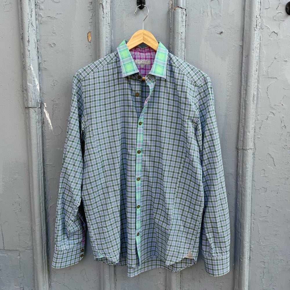 Ted Baker blue/ green plaid “catton” Buttondown, size Ted 3 (M)