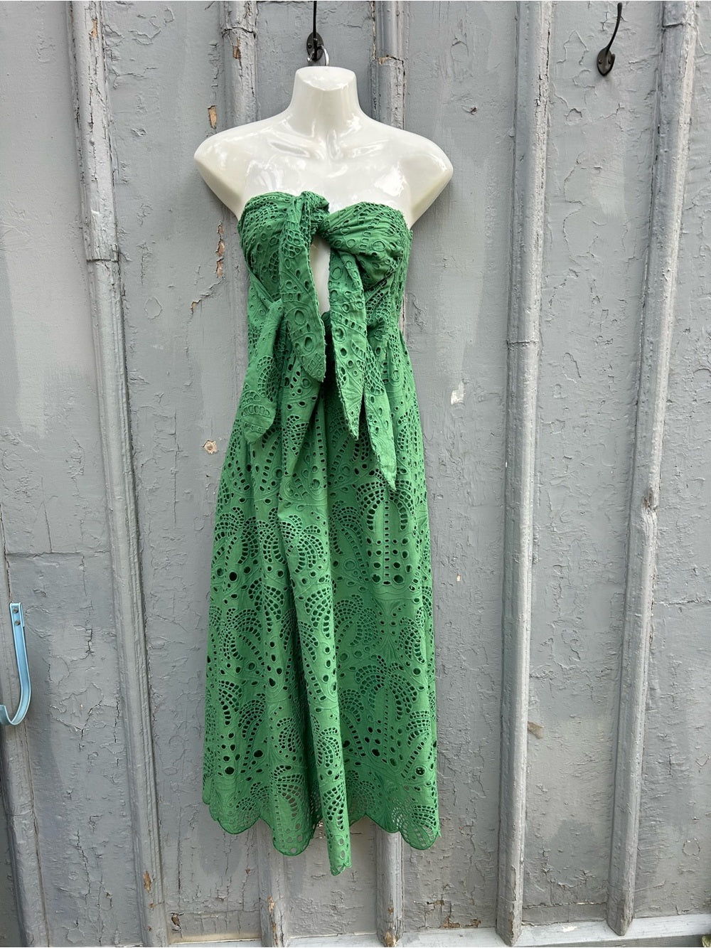 Farm Rio Green Coconut Tree Richilieu Cutwork Strapless Midi Dress, Medium