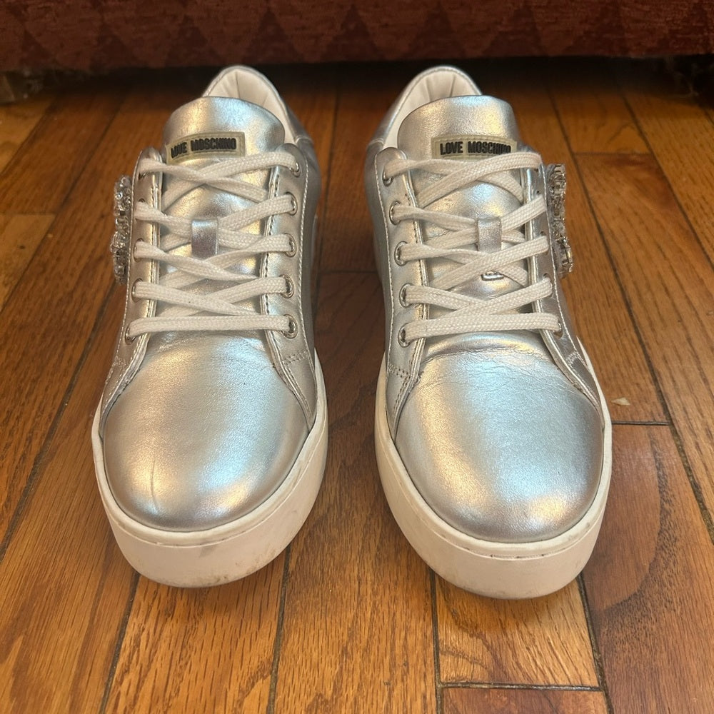 LOVE MOSCHINO Heart Encrusted Silver Leather Sneakers, size 38 (US 7.5)