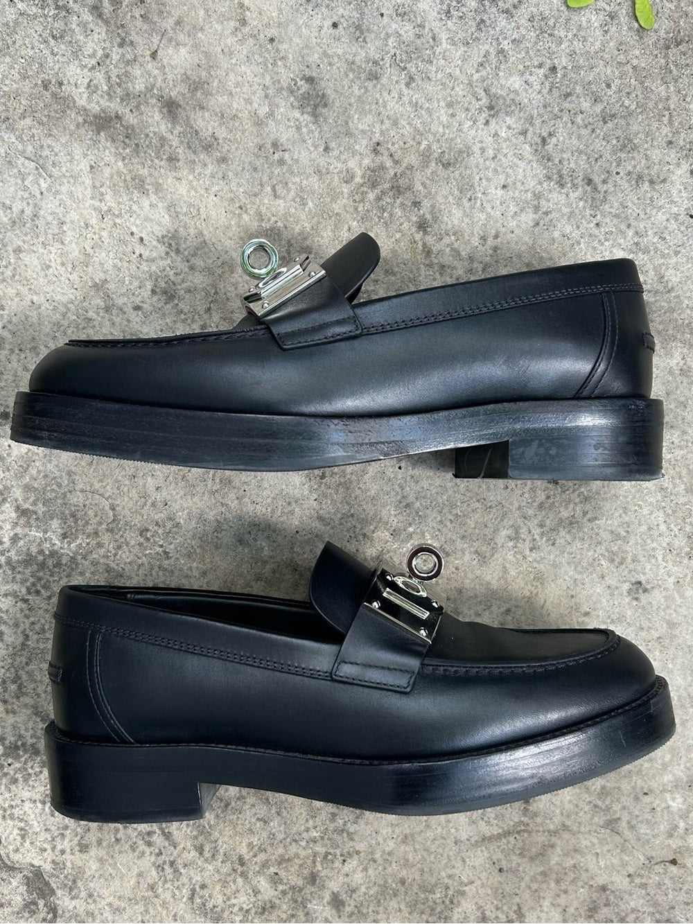 Hermes Black Hot Loafer with Palladium Kelly Buckle, size 6