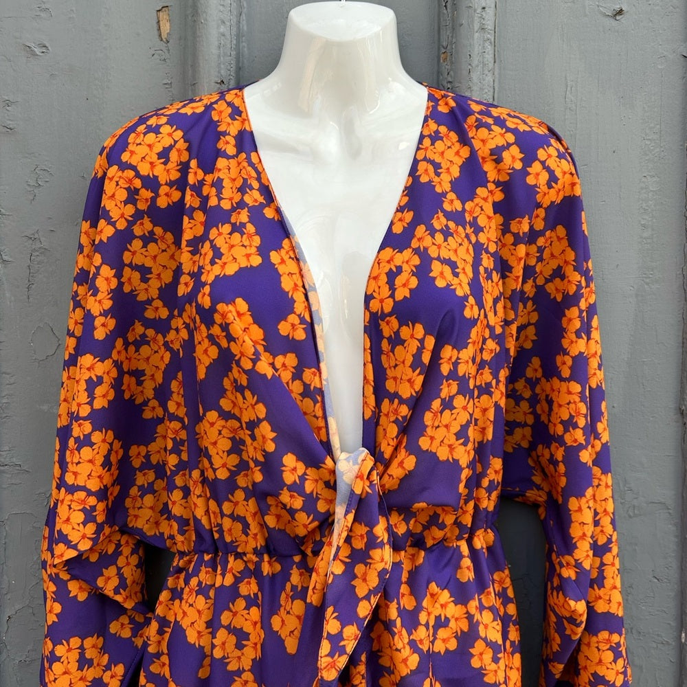 Borgo De Nora Elsa Tie Front Orange and Purple Floral Maxi Dress, size UK 10 (6)