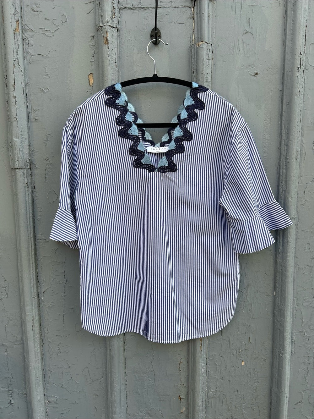Sandro cotton striped bell sleeve blouse, size “2” (M)