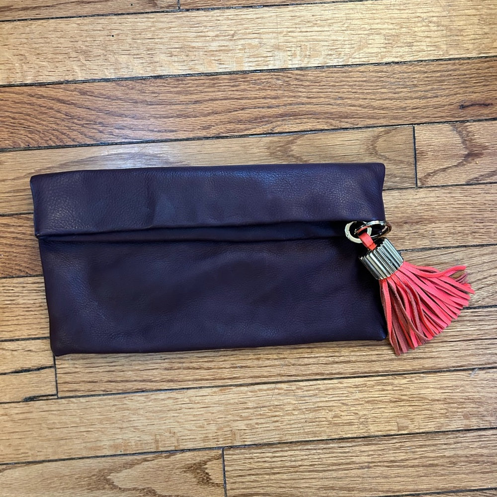 India Hicks Leather Tassled Carmen Clutch, Wine, 9.5" x  12 "