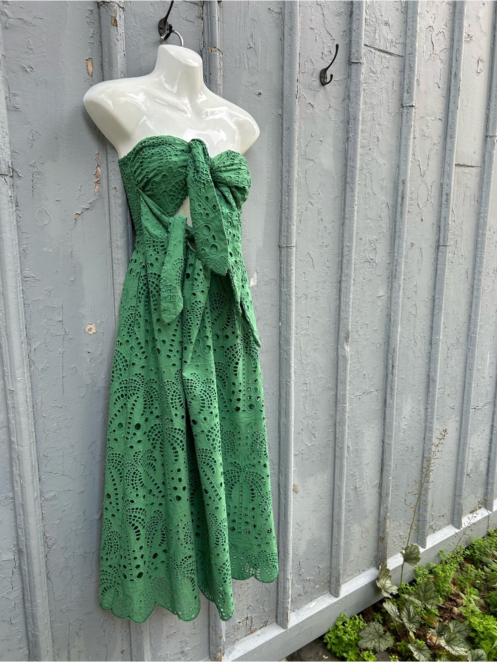Farm Rio Green Coconut Tree Richilieu Cutwork Strapless Midi Dress, Medium