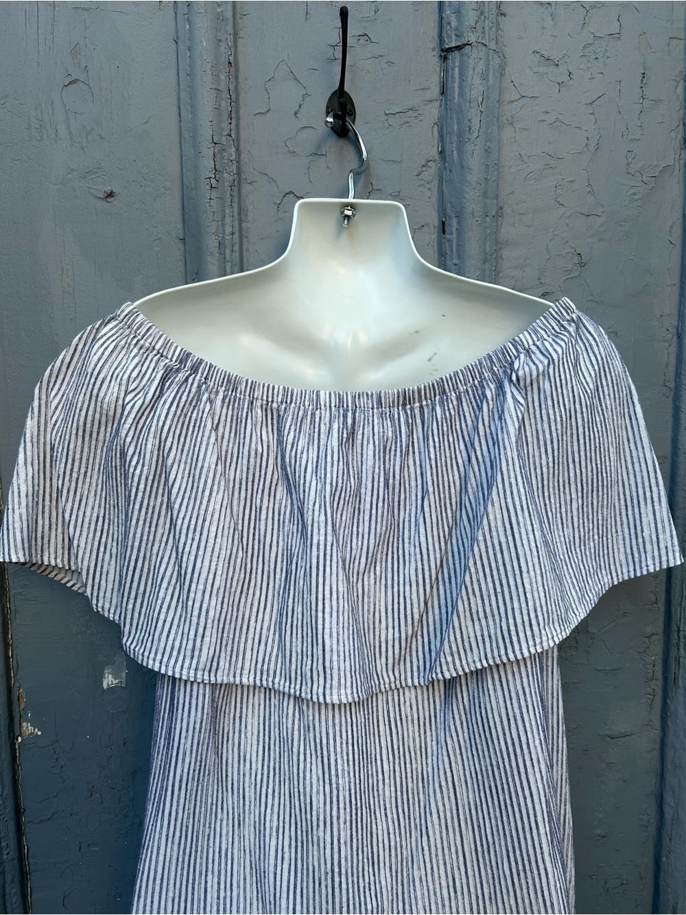 J Crew Blue Striped off the shoulder cotton dress, size L