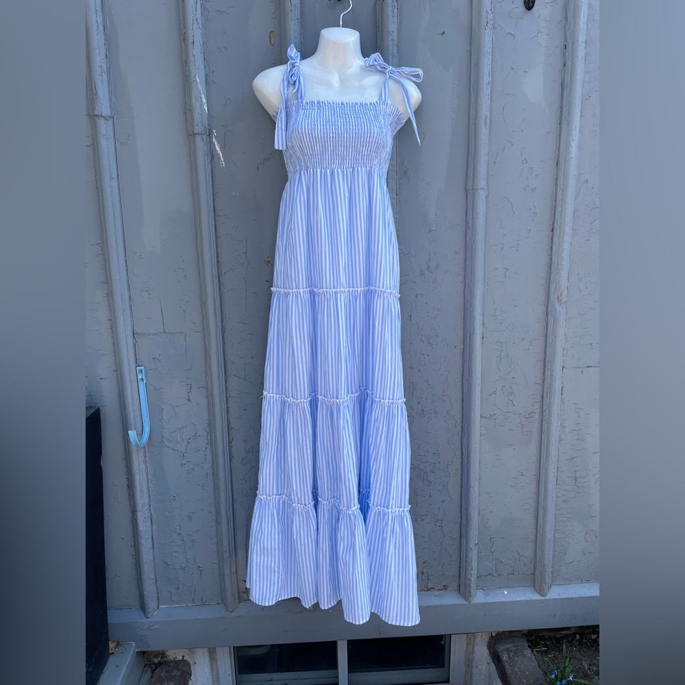 Caitlin M Covington x Pink Lily Santorini Striped Blue/White Maxi Dress, Small