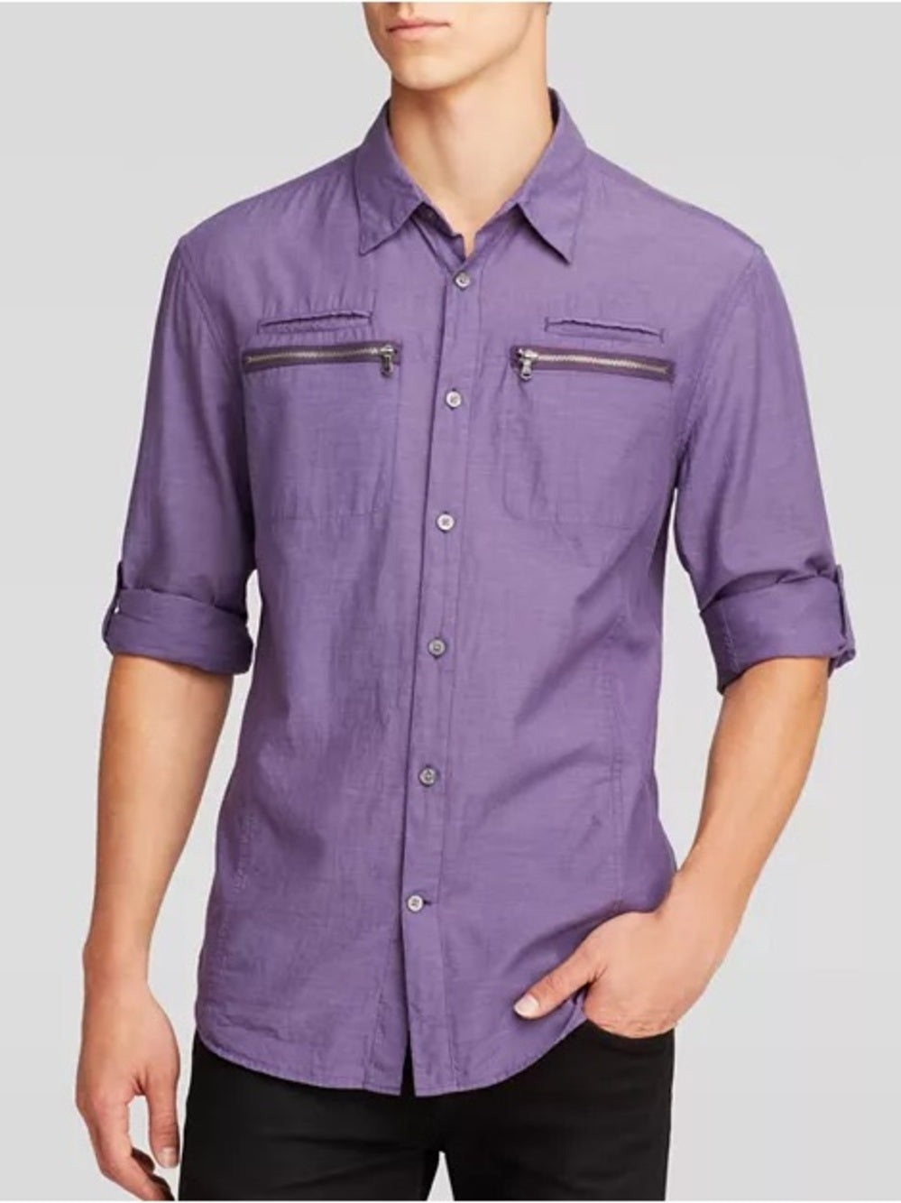 John Varvatos Blue Double Zip Chest Pocket Button-Down Shirt, size XXL