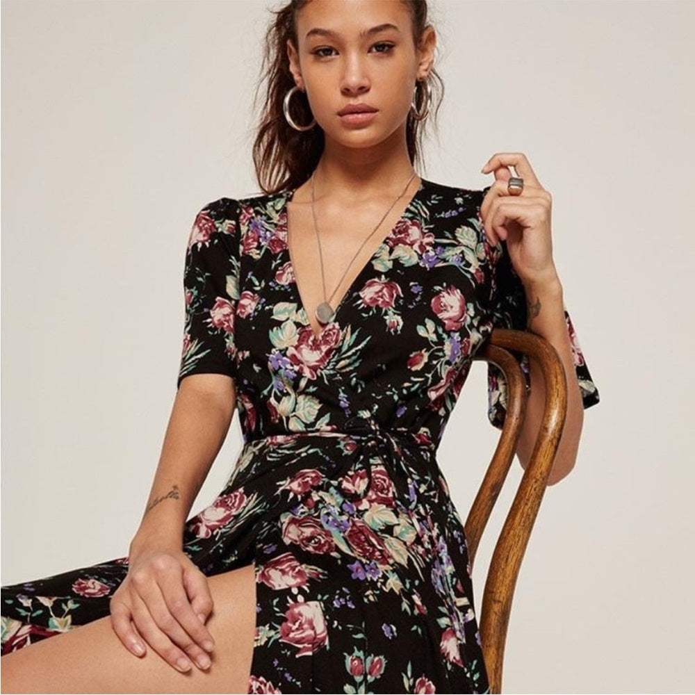 Reformation Laurel Bloom floral midi wrap dress, size XS