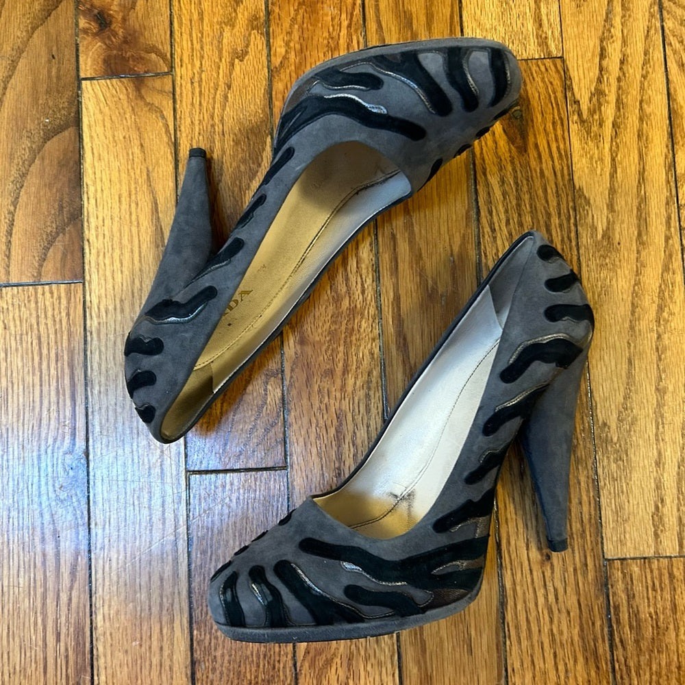 Prada Suede Camoscio Ardesia Zebra Pumps, size 38.5