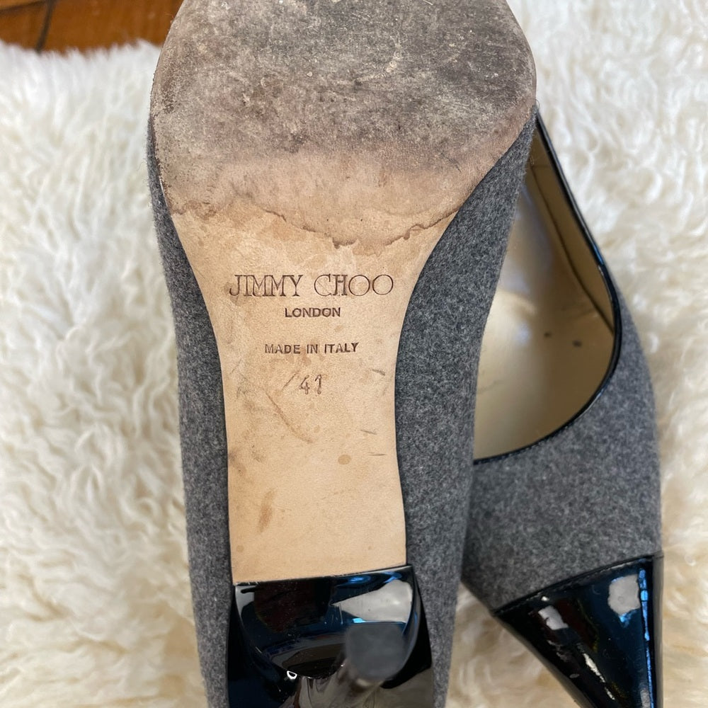Jimmy Choo Gray Wool Patent Leather Cap Toe Heels, size 41