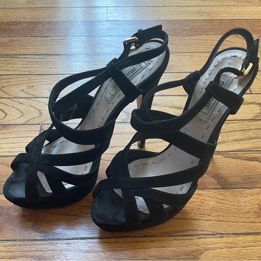 Miu Miu Black Suede Platform Crisscross Sandal Heels, size 36