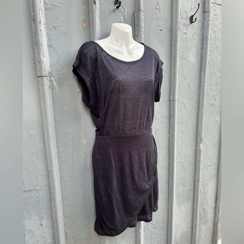 Eve Gravel Navy Linen Faux Wrap Dress, size L