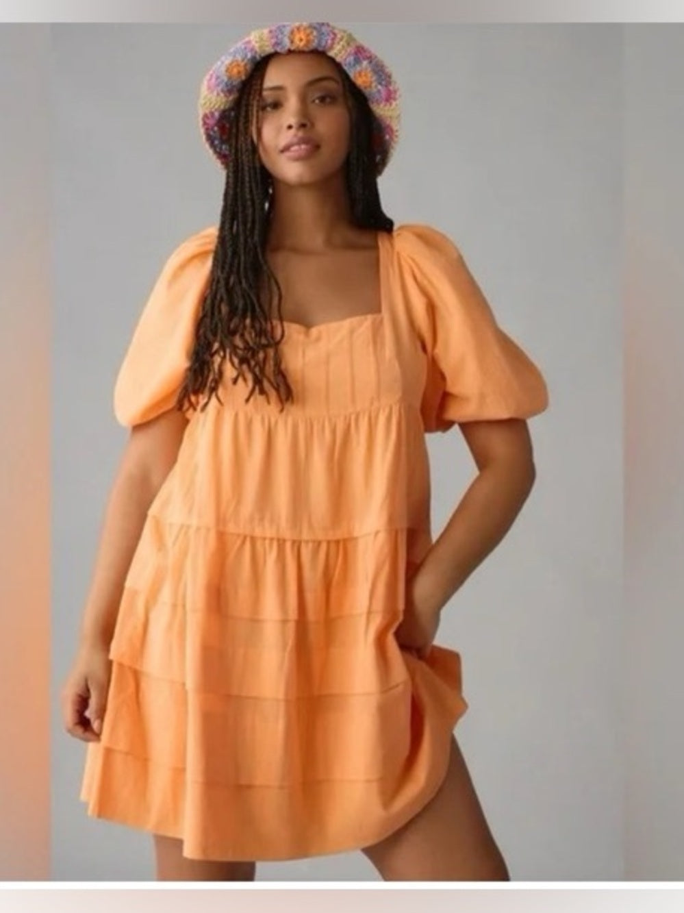 Anthropologie Orange Puff Sleeve tiered Dress, size XL