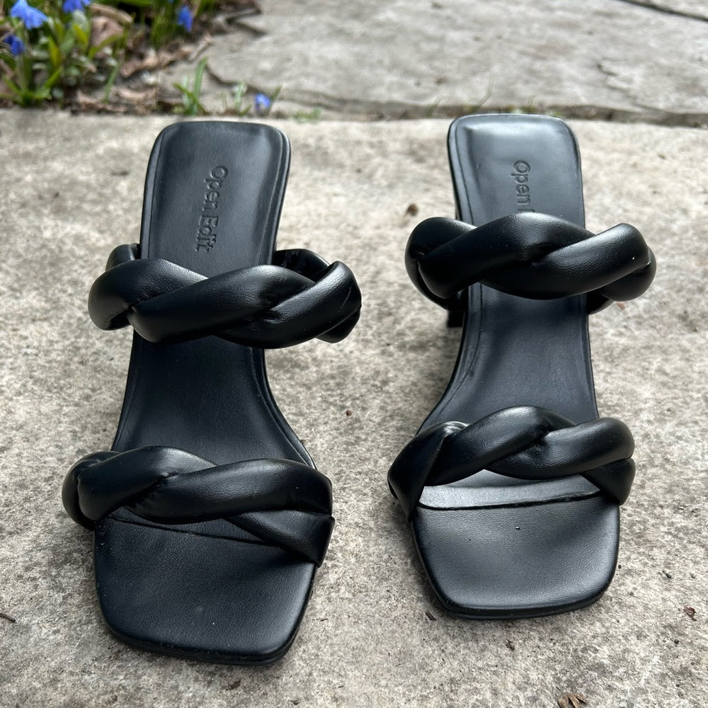 Open Edit Black Remmy Twist Sandal, Size 6.5