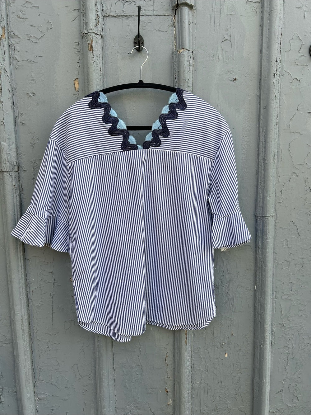 Sandro cotton striped bell sleeve blouse, size “2” (M)