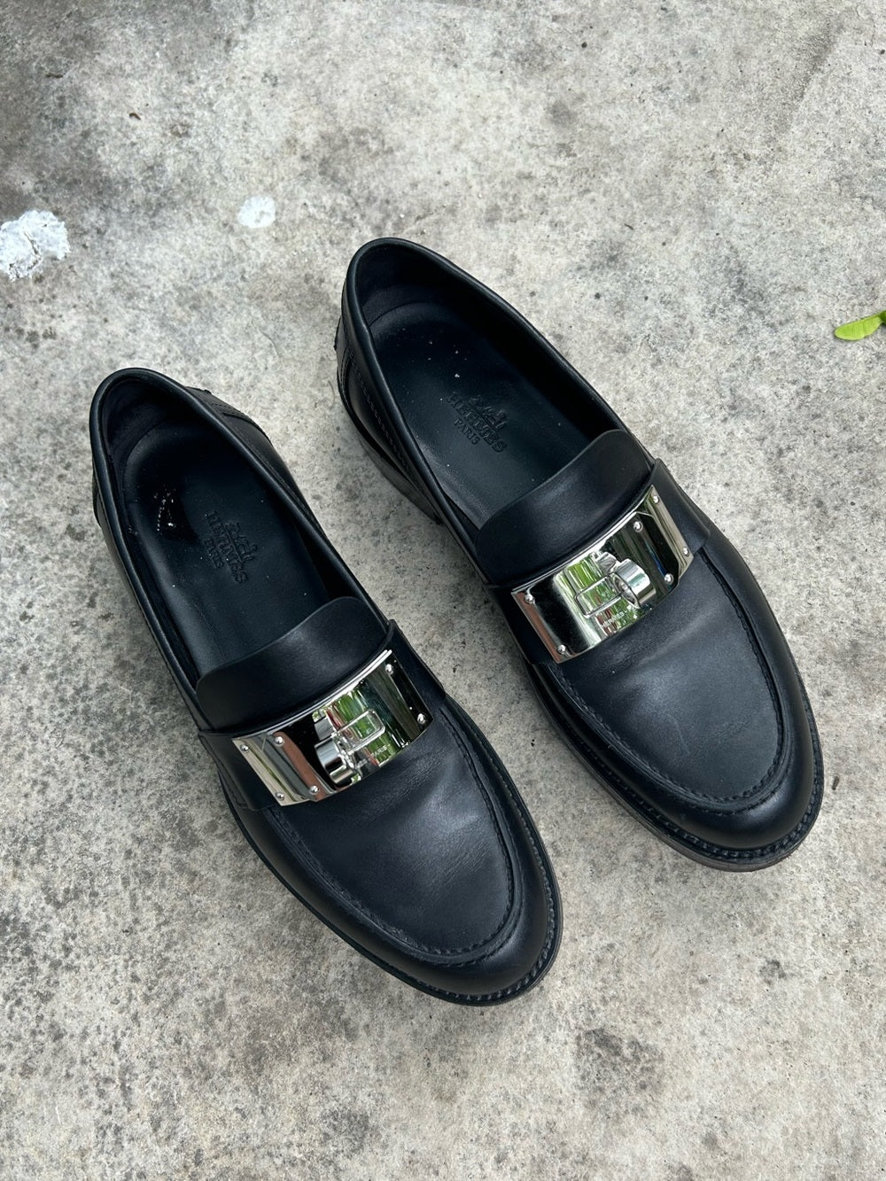 Hermes Black Hot Loafer with Palladium Kelly Buckle, size 6