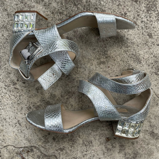 Michael Kors Silver Snakeskin Gem Block Heel Sandals, size 37