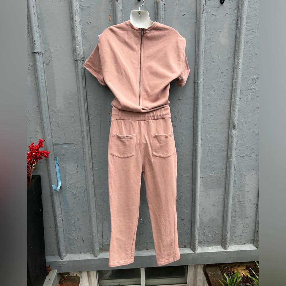 Pistola Clarisse French Terry Shoulder Pleat Jumpsuit in Cameo Pink, size XS