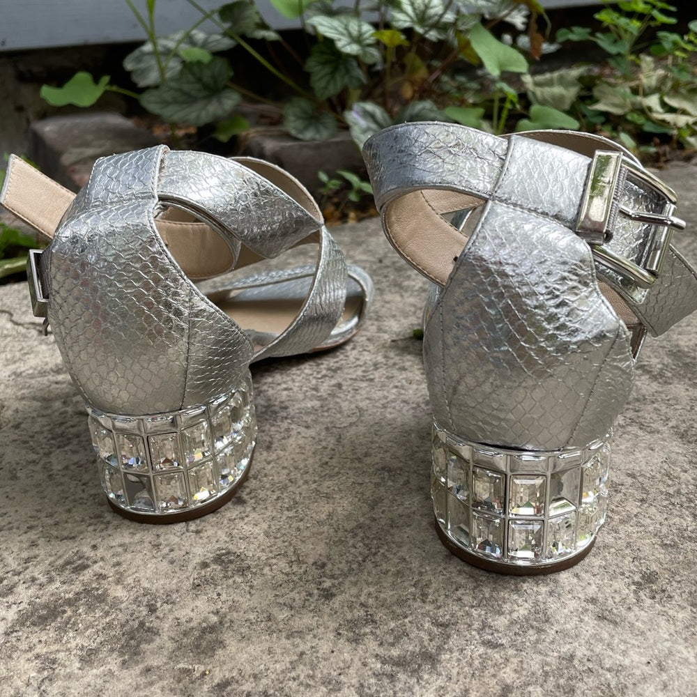 Michael Kors Silver Snakeskin Gem Block Heel Sandals, size 37