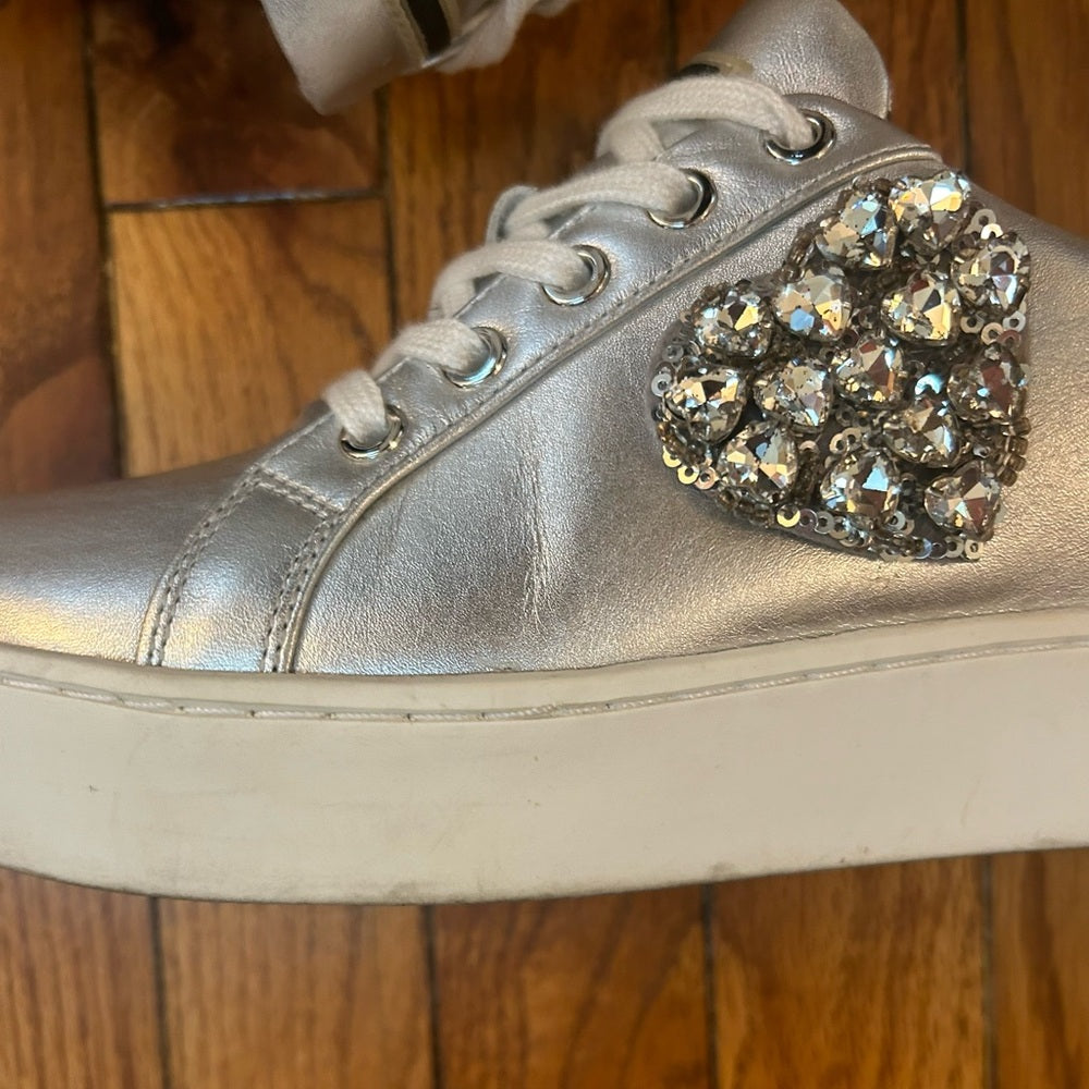 LOVE MOSCHINO Heart Encrusted Silver Leather Sneakers, size 38 (US 7.5)