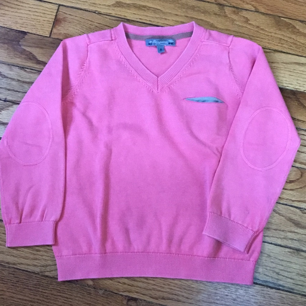 Bonpoint Preppy Pink Cotton V neck sweater, Size 4T