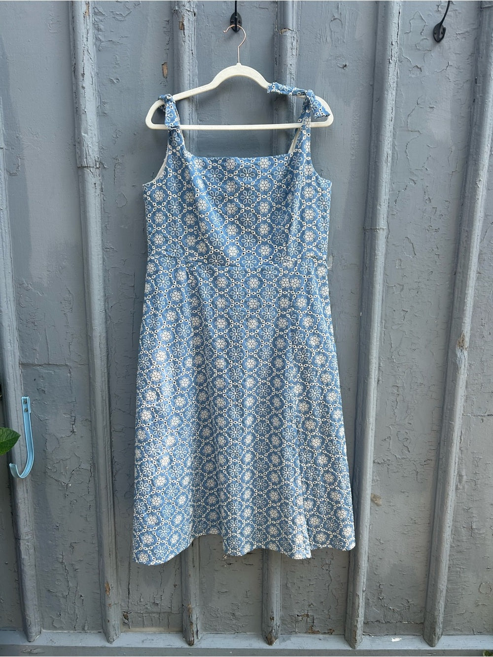 Sezane Dorotha Dress, Chambray Blue with Broderie Anglaise, size 46 (US 14)