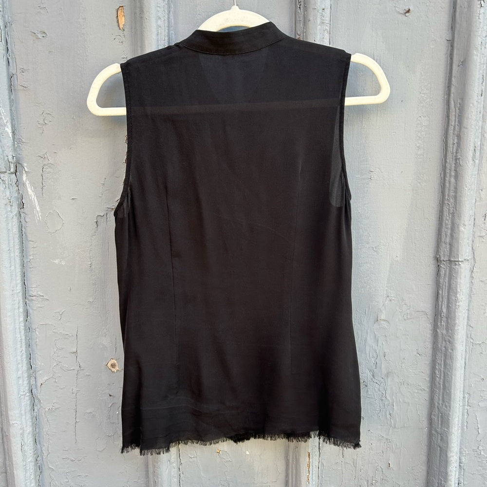 Frame Black Raw Edge Sleeveless Smocked Blouse, size Small