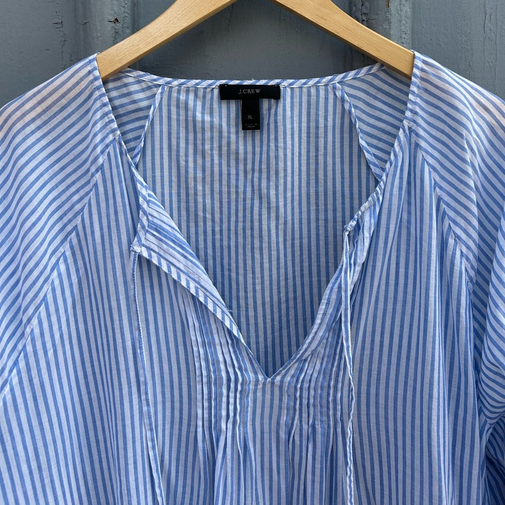 J Crew Blue Striped Red Embroidered sleeve tunic, size XL
