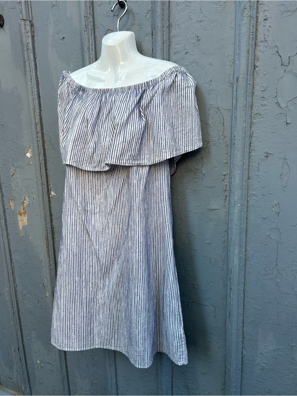 J Crew Blue Striped off the shoulder cotton dress, size L