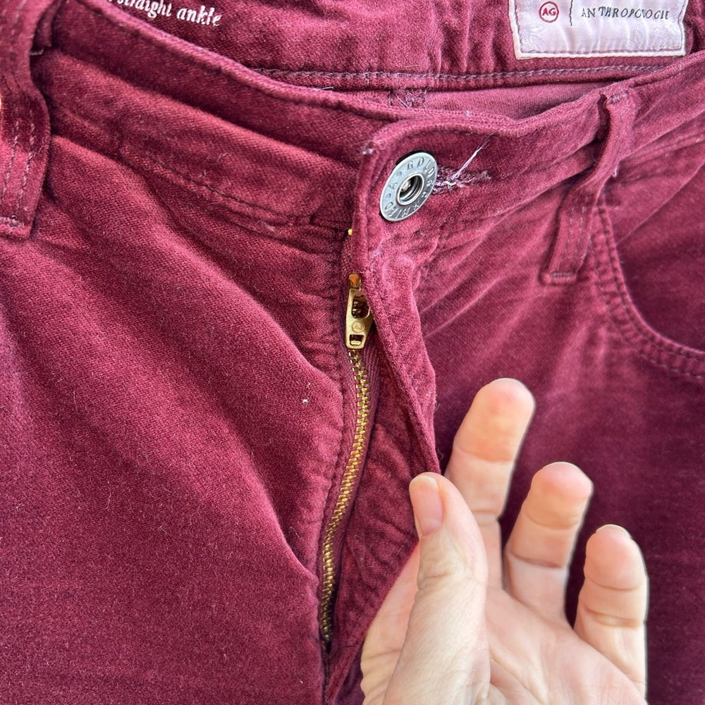 AG Merlot Velvet Stevie Slim Straight Pants, Size 30
