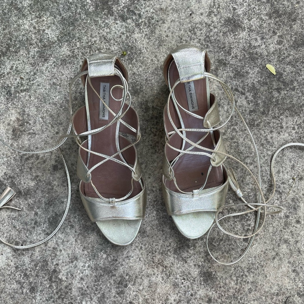 Tabitha Simmons Isadora Silver Lace-Up Sandals, size 37.5