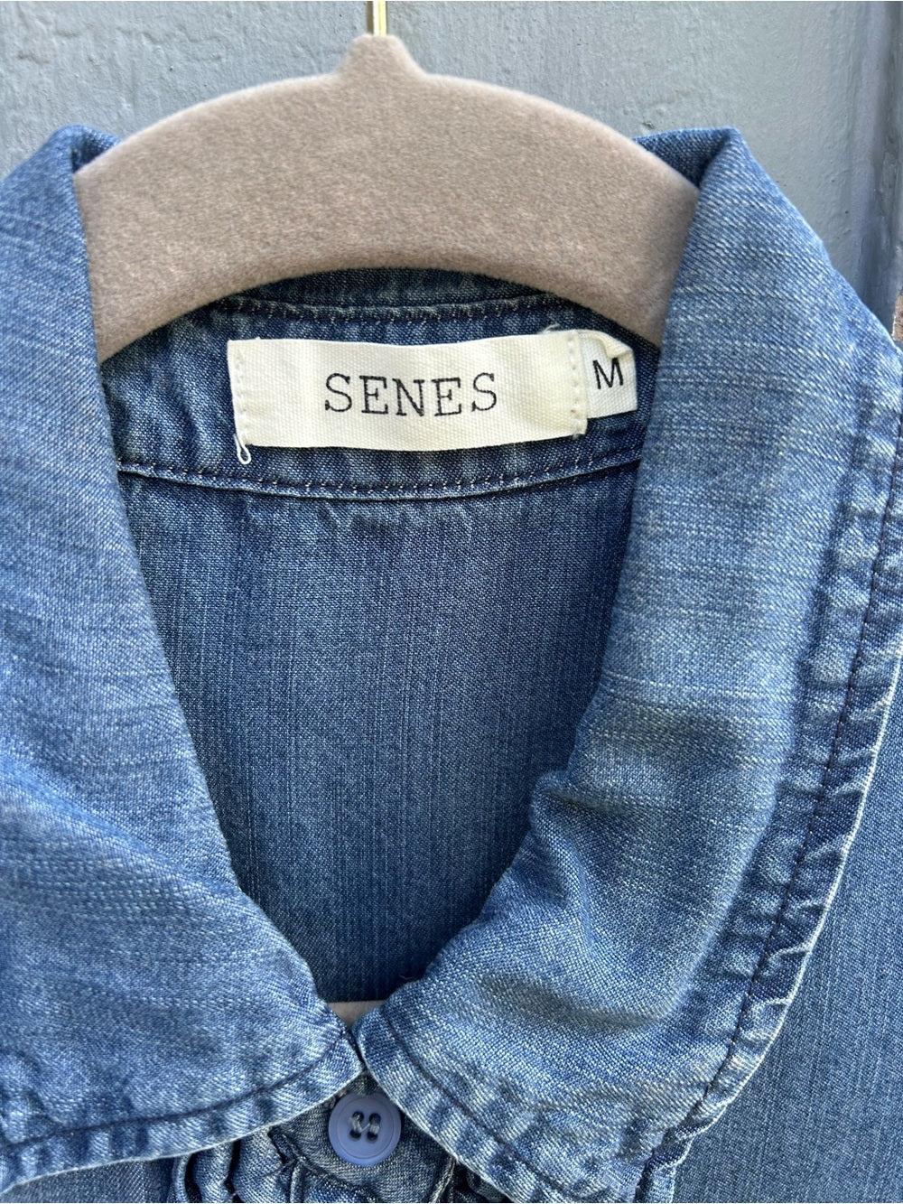 Senes Chambray Ruffle front Shirt, size M