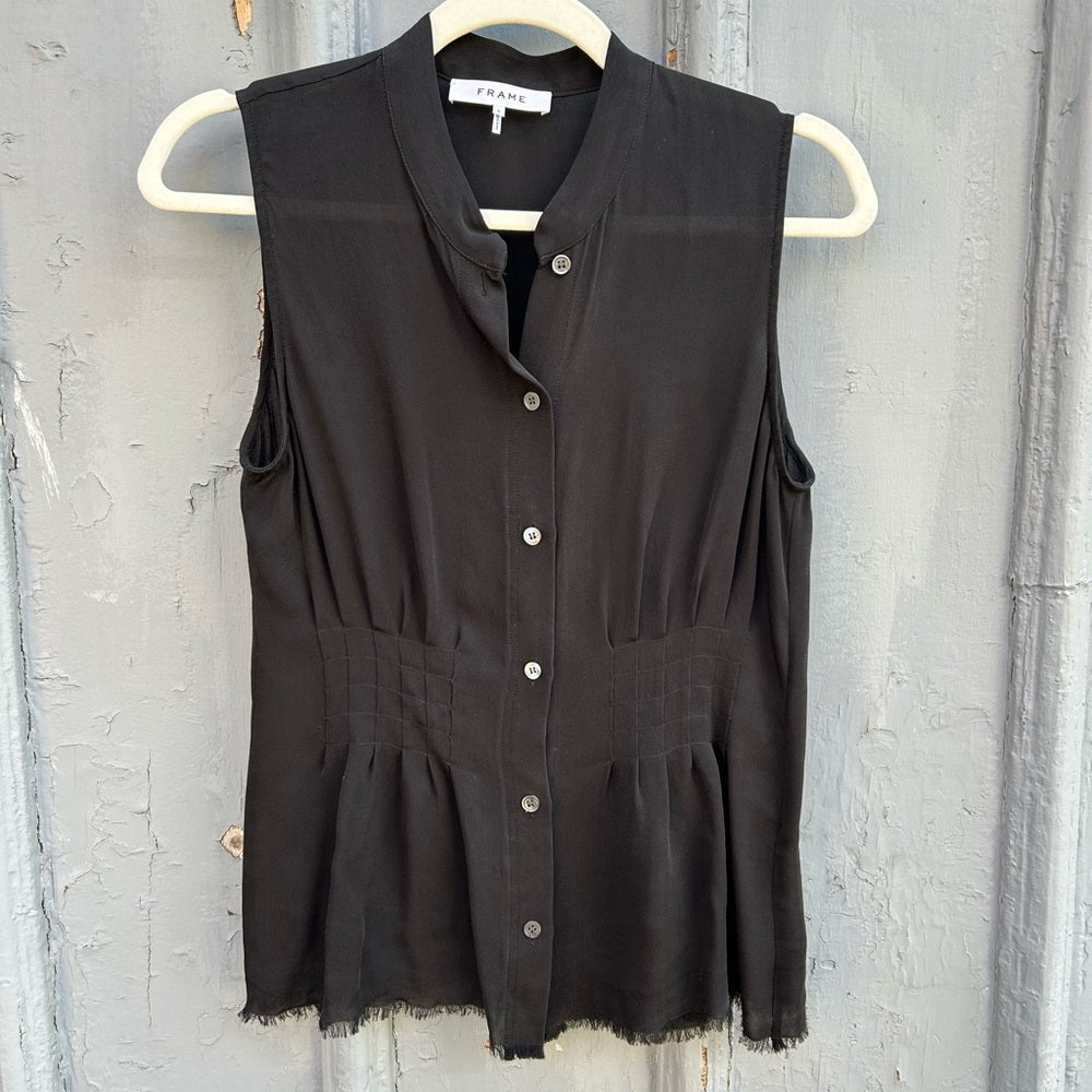 Frame Black Raw Edge Sleeveless Smocked Blouse, size Small