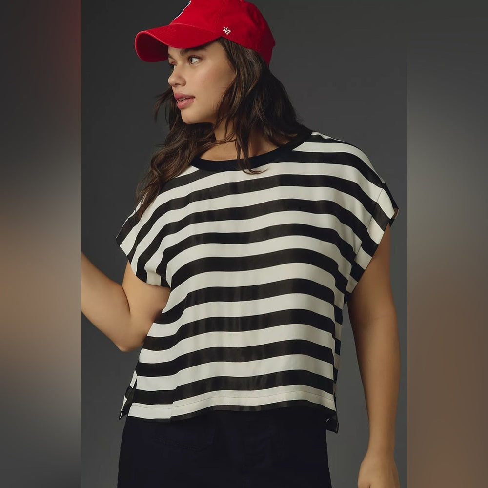 Maeve Black & White Batwing Button-Back Tee, size Large
