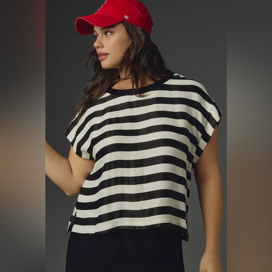 Maeve Black & White Batwing Button-Back Tee, size Large