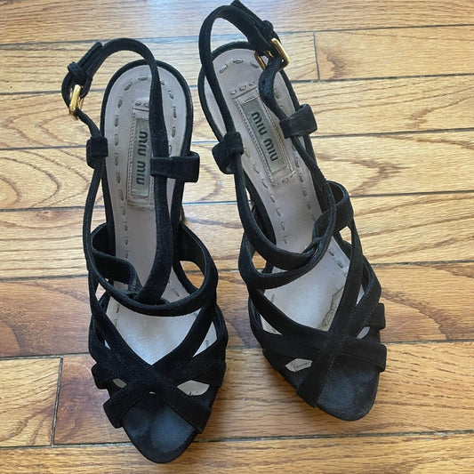 Miu Miu Black Suede Platform Crisscross Sandal Heels, size 36