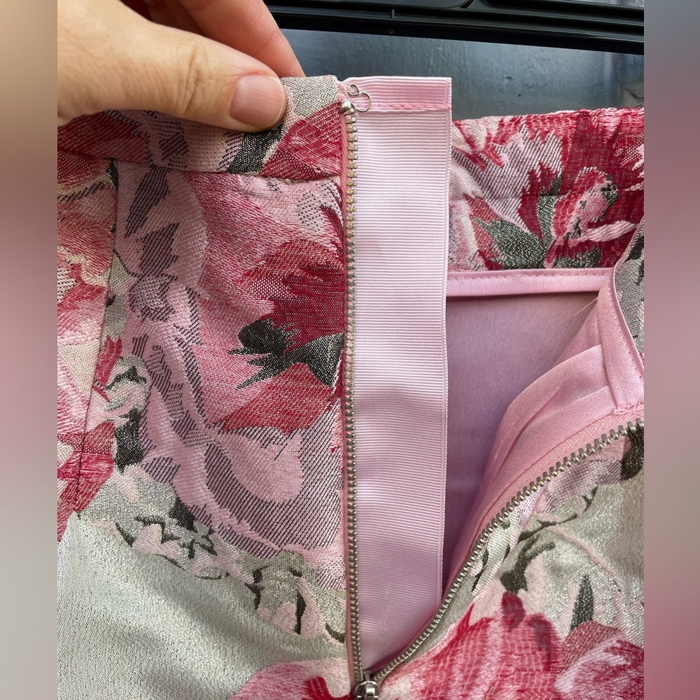 Pink Tartan Floral Metallic Brocade skirt, size 4