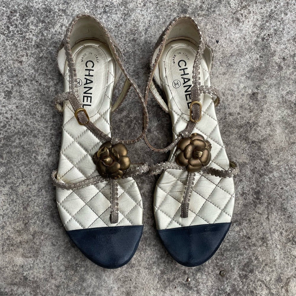 Chanel Gold Quilted Gladiator Sandal Flats, size 39