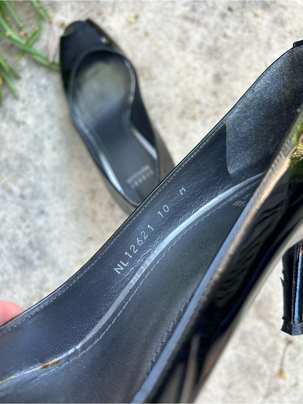 Stuart Weitzman Black Patent LogoPolly peep toe heels, size 10